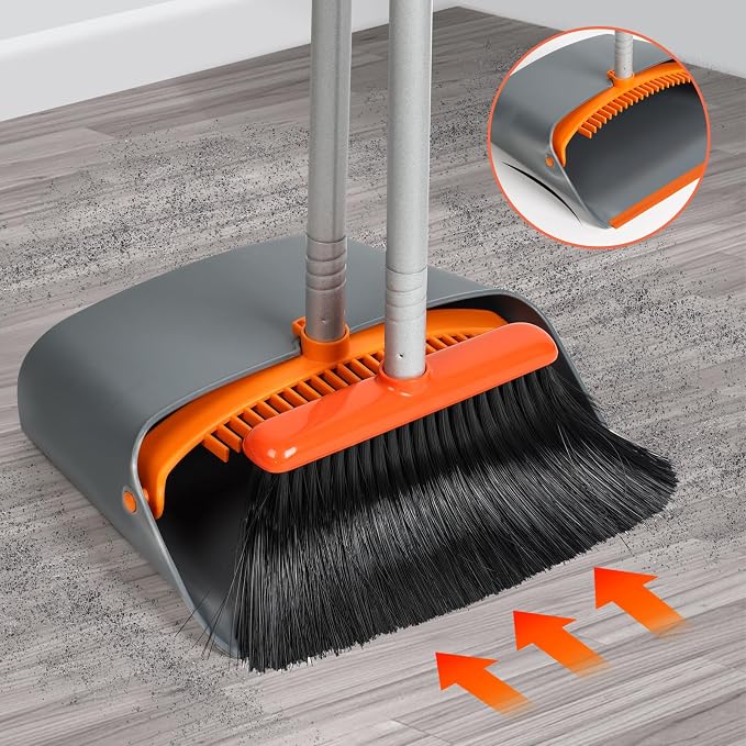 Long Handled Dustpan and Brush, Broom and Dustpan Set, Household Dust pan Combo with 54 Inch Handle for Indoor Outdoor Household Cleaning and Sweeping (Orange)