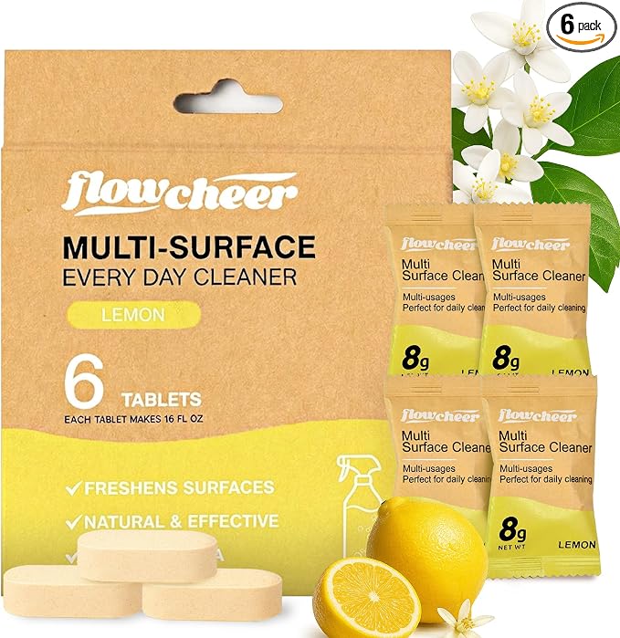 flowcheer Multi Surface Cleaner Refills - 6 Pack All Purpose Cleaning Refill Tablet-Makes 96 fl oz Bottles of Spray Cleaner for Household&Kitchen Cleaning (Lemon-6pc)