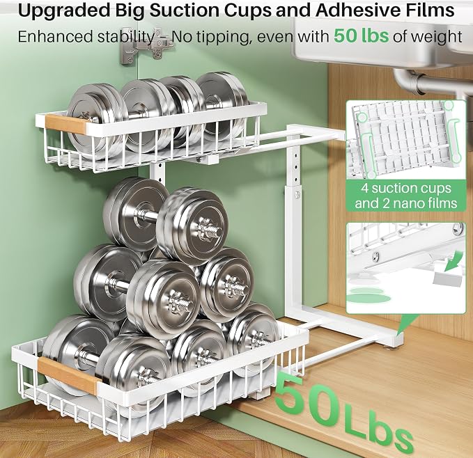 Kitstorack Under Sink Organizer, 2 Tier Under the Sink Storage, Slide out Pull out Cabinet Organizer Shelf, Metal Sliding Drawer for Kitchen Bathroom Pantry Closet Organization Rack, White, 2 Pack