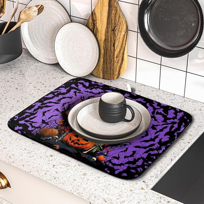 Giwawa Halloween Pumpkin Dish Drying Mat 16x18 inch Spooky Ghost Bat Dish Rack Mats Microfiber Draining Pad Fast Dry Holiday Kitchen Accessories
