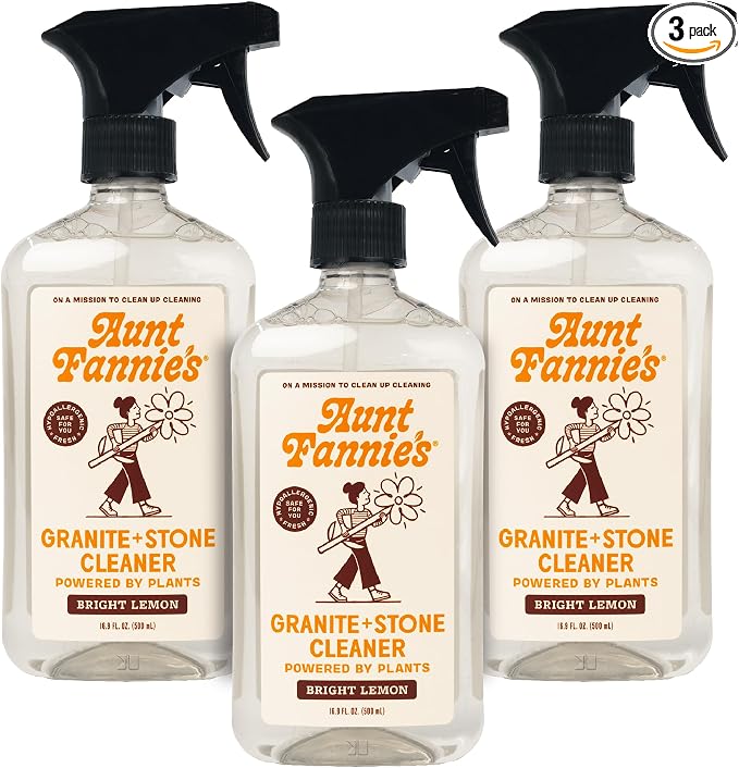 Aunt Fannie's Granite and Stone Cleaner, Plant Based Daily Countertop Spray for Granite, Stone, Marble, Soapstone, Quartz, Slate, Laminate, and other Sealed Stone, Bright Lemon Scent, Pack of 3