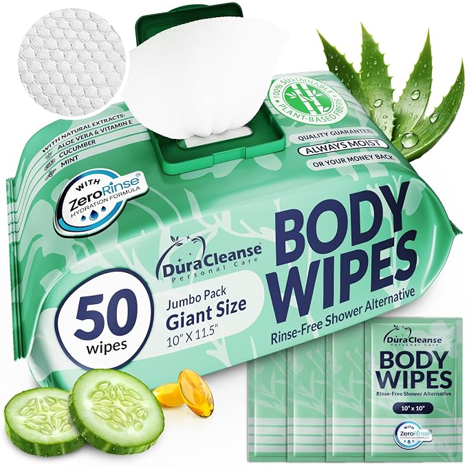 Body Wipes for Women, Extra Moist No Rinse Bathing Wipes - 50 XL Shower Cloths + 4 Travel Bath Sheets -10"x11.5" After Gym & Post Workout Deodorant, Disposable Washcloths, Womens Hygiene Essentials