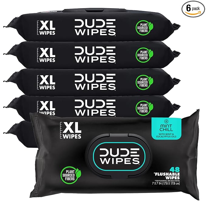 DUDE Wipes Mint Chill Flushable Wipes - Extra-Large Adult Wet Wipes - 6 Pack (288 Count) - Infused with Tea Tree Oil, Vitamin E, and Aloe - Septic and Sewer Safe | 6 packs of 48 extra large flushable butt wipes. Plastic-free wipes, 99% water, tea tree ...