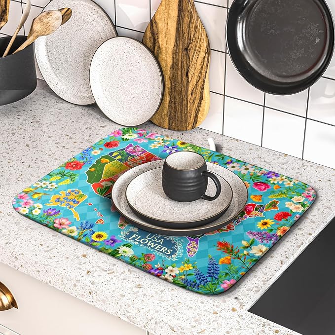 Flower Map Dish Drying Mat American Floral Decoration Coffee Mat for Kitchen Counter