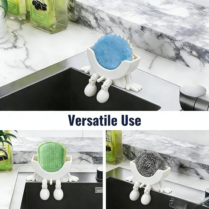 Cute Hanging Sponge Holder with Drainage,3D Printed Kitchen Funny Sponge Stand for Sink,with non-slip pads,Suitable for Scrub Daddy Holder,Keeps Your Sponge Dry Smiling (White)