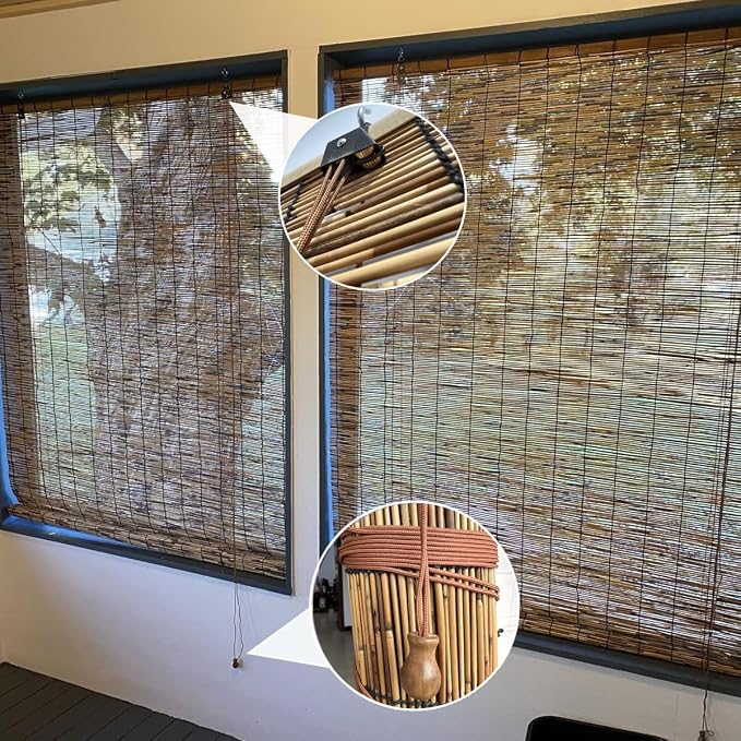 Privacy Screen Blinds Bamboo Roll Up Shades with Lift for Outdoor Balcony Patio Indoor Offices Cordless Light Filtering Bamboo Window Blinds((W x H) 57 in x 66 in)