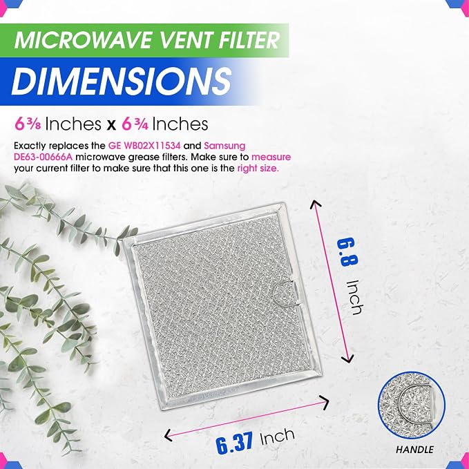 Microwave Filter replacement 6.81" x 6.34" Fits GE WB02X11534 Samsung DE63-00666A Microwave Grease Filter - Freshens and Filters Kitchen Air Entering the Over-the-Range Oven Stove Fan (1-Pack)