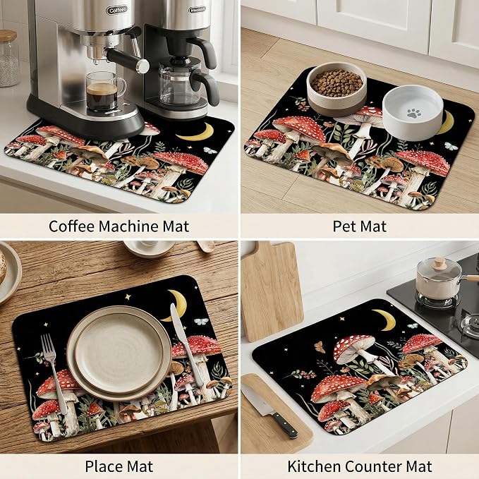Mushroom Dish Drying Mat, Absorbent Microfiber Kitchen Counter Pad, Mushroom Decor for Countertop, Reversible Kitchen Counter Mat for Kitchen Sink & Countertop