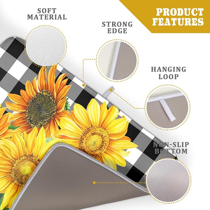 Sunflower Dish Drying Mat for Kitchen Counter Watercolor Black White Plaid Microfiber Absorbent Dish Draining Reusable Washable Foldable Extra Large 18"x24"