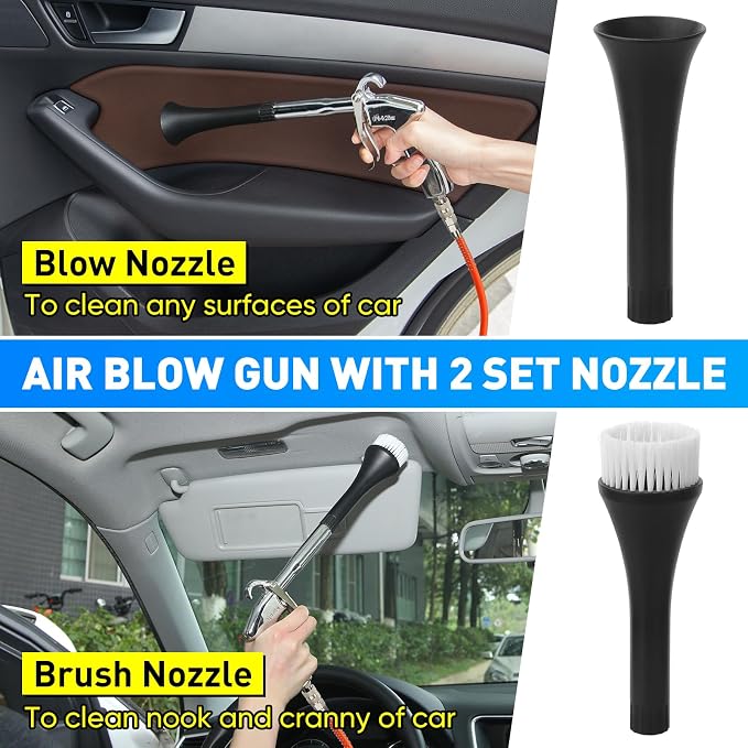 6-9.2Bar Car Air Blow Gun for Car Interior/Exterior Cleaning, Dryer Air Gun | High Pressure Car Detailing Cleaning Tool with 2 Set Nozzle&Towel, Auto Dusting Brush for Vehicle Upholstery Carpet Seat