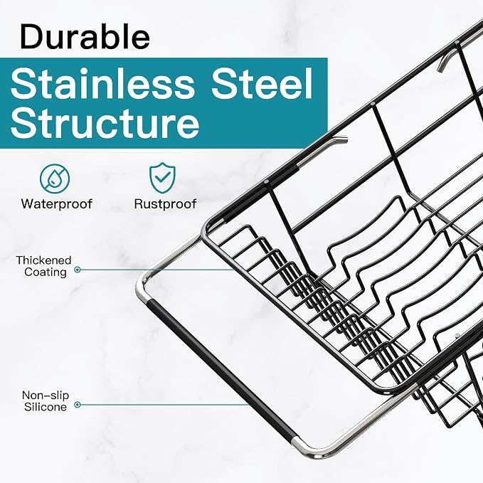 JASIWAY Black Dish Drying Rack in Sink, Expandable Stainless Steel Dish Drainers for Kitchen Counter, Dish Dryer Rack for Inside Sink, Over The Sink Dish Racks with Utensil Holder