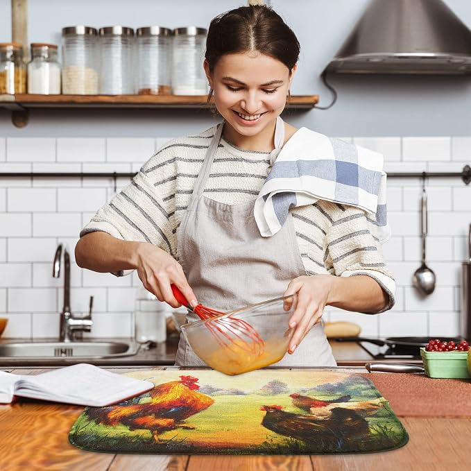 Sanwarm Absorbent Dish Drying Mat, Multicolor Oil Realistic Rooster Chickens Microfiber Pad for Kitchen Counter, Coffee Bar Decor, Heat Resistant and Reversible, 18" x 24"