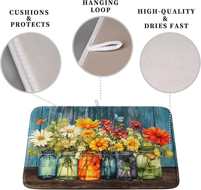 Daisy Dish Drying Mat for Kitchen Counter 18x24 Inch Rustic Vintage Flower Vases Drying Mats Microfiber Absorbent Dishes Drainer Mats Farmhouse Floral Wooden Board Dish Rack Pad