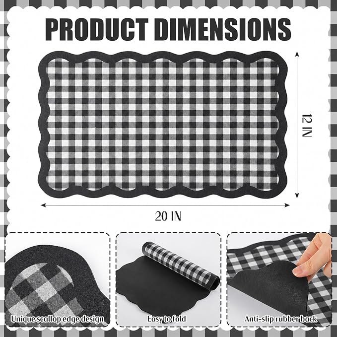 Scalloped Gingham Coffee Mat 12" x 20" Absorbent Coffee Bar Mat Gingham Espresso Matt for Counter(Black, White)