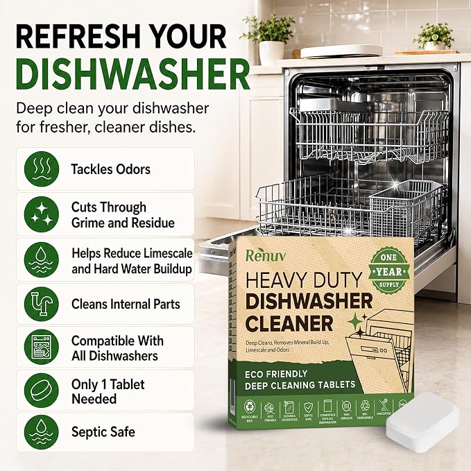 Renuv® Heavy Duty Dishwasher Cleaner & Deodorizer, Descaler, 12 XL Tablets | Deep Cleaning, Natural Odor & Smell Remover, Calcium, Limescale, Hard Water Marks, Grease Remover, Septic Safe