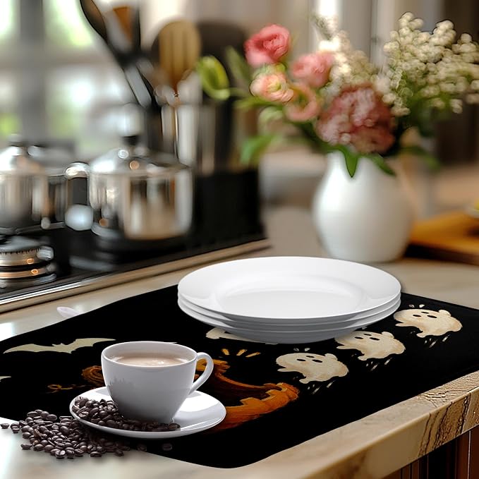 Halloween Ghost Dish Drying Mats Spooky Pumpkin Dish Mat Bat Drying Matt Dishes Dryer Pad for Kitchen Counter Absorbent Microfiber Washable Foldable Reusable 18x24 in