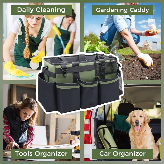 SCAVATA Wearable Cleaning Caddy Organizer with Handle & Shoulder Straps for Housekeepers, Under Sink & Car Cleaning Tool Organizer Bag with 4 Foldable Dividers (Green)