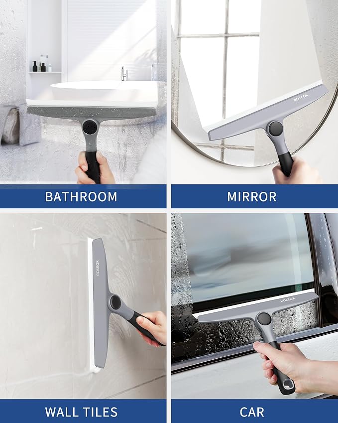 ROSEOK Shower Squeegee, Silicone Squeegee for Glass Doors with Hook | For Bathroom, Window, Mirror, Tile Wall, Pivoting Head, 10 Inch, Black, 1 Pack