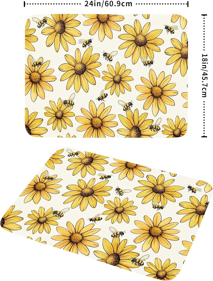 Floral Sunflower Bee Dish Drying Mat of Kitchen Counter 18×24 Inch | Yellow，Polyester，Absorbent Microfiber，for Kitchen Coffee Dining Bar Decor