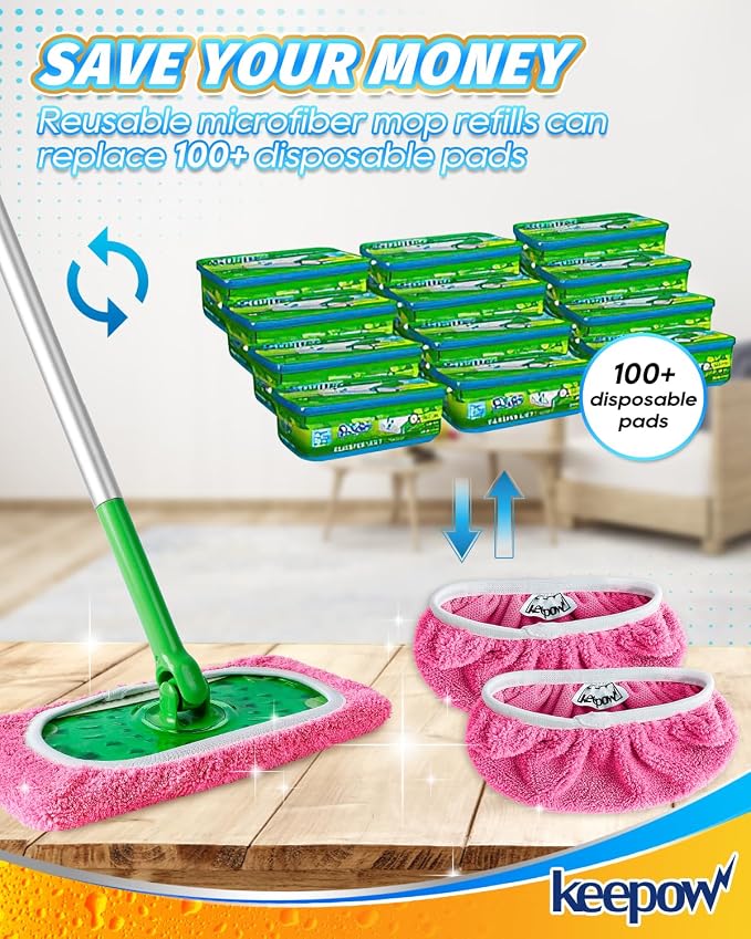 KEEPOW Reusable Mop Pads Compatible with Swiffer Sweeper, 4 Pack Pink | Washable Microfiber Replacement Mop Refills, Wet & Dry Dust Mopping Pads for Hardwood, Tile, Laminate & Vinyl Floors