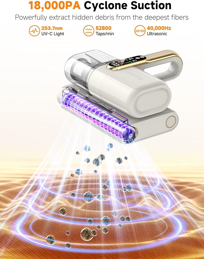 FEPPO Cordless Mattress Vacuum Cleaner, 18Kpa Bed Vacuum with 253.7nm UV-C Light, Ultrasonic, Dust Sensor & LED Display, 52800 BPM Handheld Vacuums for Bed, Sofa, Couch, Crib