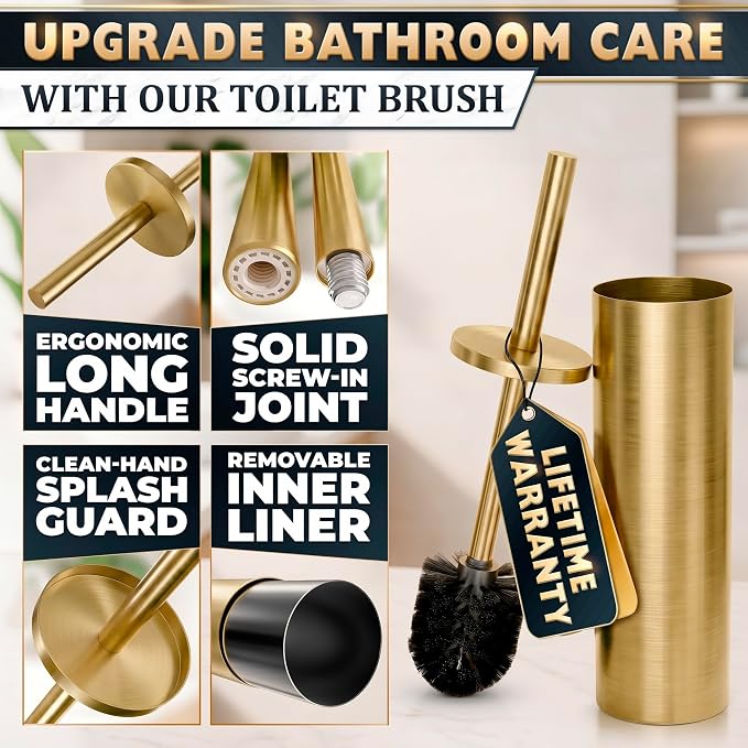 Stainless Steel Toilet Brush and Holder Set, Splash Guard (Gold) | Toilet Bowl Brush and Holder, Removable Inner Bowl, Dense Bristles, Long Handle, Scratch Resistant, for Modern Bathrooms