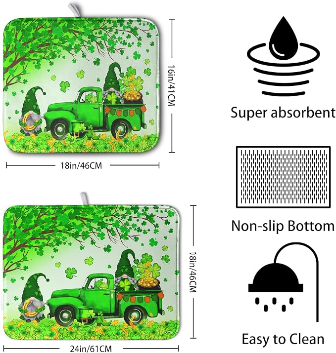 St Patrick's Day Shamrock Dish Drying Mat for Kitchen Counter Green Gnome Truck Dish Dry Mat St Patrick Spring Drying Mats Microfiber Absorbent Dish Drainer Rack Mat Large 18x24 Inch