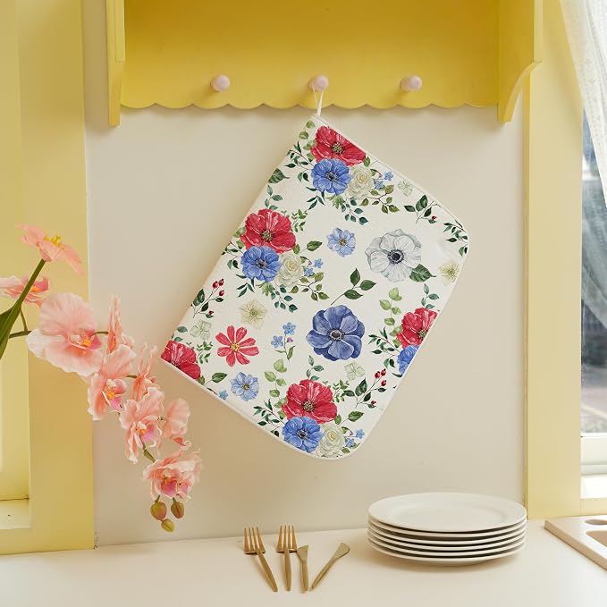 Blue Red Floral Dish Drying Mats 18x24 Inch Independence Day Flower Drying Mats 4th Of July Outdoor Decorations Absorbent Memorial Day Drying Dish Mats for Kitchen Dining Room Counter Decor