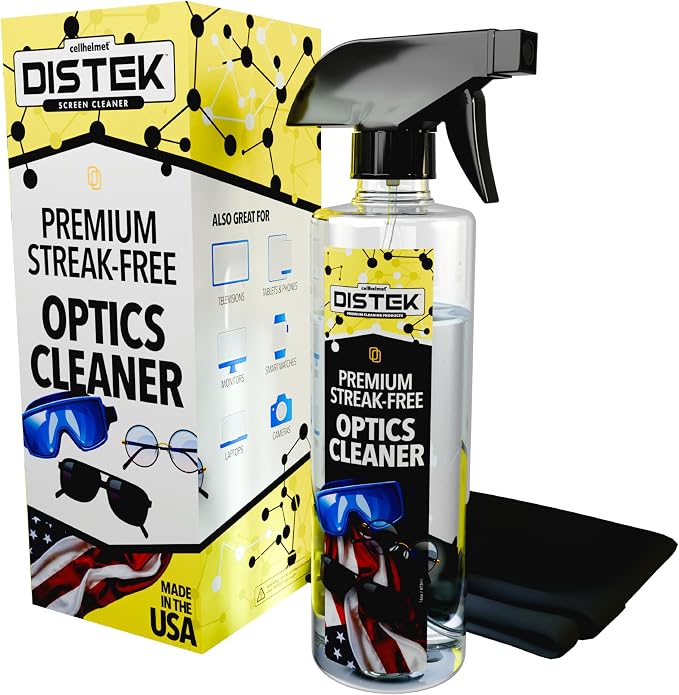 Distek All-Purpose & Optics Cleaner 473 mL Spray with Large Microfiber Cloth | Made in the USA | Cleaning Solution for Glass, Plastic, Whiteboards, Monitors, & iPhone Screens | Streak-Free Application