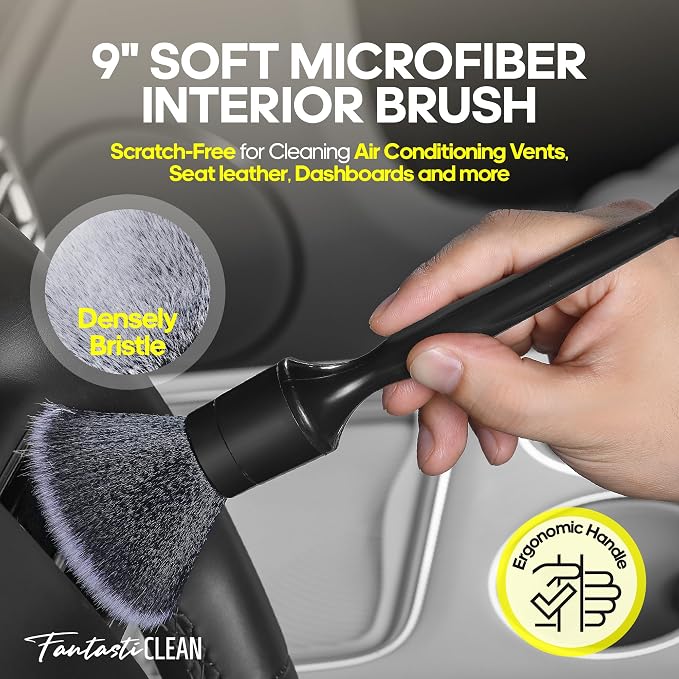 Fantasticlean Car Interior Detailing Kit, Leather Cleaner Brush Set, 9PCS | Car Interior Brush Kit, Horse Hair Leather Brush for Car Detailing, Scratch-Free Leather Cleaner Applicator, Cleaning Cloth