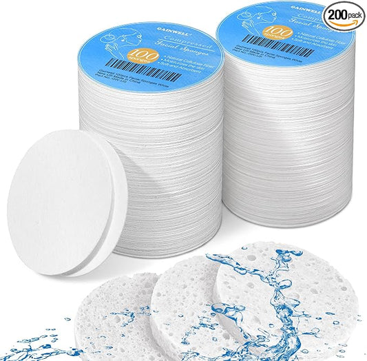 200 PCS Compressed Facial Sponges,White Cellulose 100% Natural Cosmetic Spa Sponges for Facial Cleansing, Exfoliating Mask, Makeup Removal