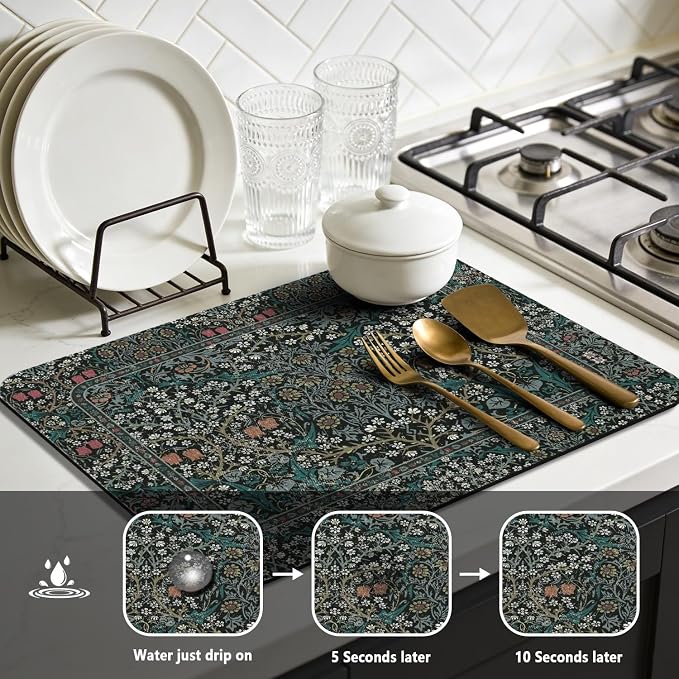Vintage Floral Dish Drying Mat 18x24 Inch, Dish Mat Drying Kitchen Mats for Extra Large Absorbent Countertop, Aesthetic Boho Drying Matt Kitchen Counter Washable Heat Resistant Dish Drainer Rack Mat