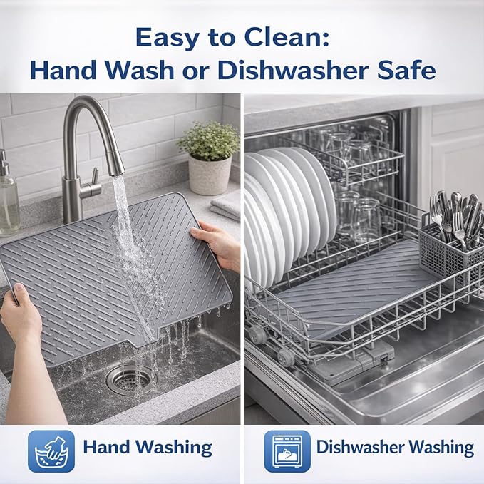 Large Silicone Dish Drying Mat – 23"x17" Sloped Sink Draining Tray with Sponge Holder for Kitchen Counter, Angled Surface for Water Drainage, Silicone Rack Mat with Drain Lip(Gray)