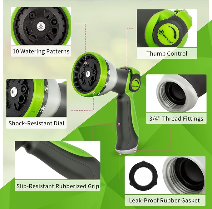 AUTOMAN Garden Hose Nozzle - 2 Pack, Thumb Control Sprayer, Slip-Resistant Water Nozzle, Extra 4 Washers, for Watering Plants Lawn & Garden, Cleaning, Washing Car, Showering Pets