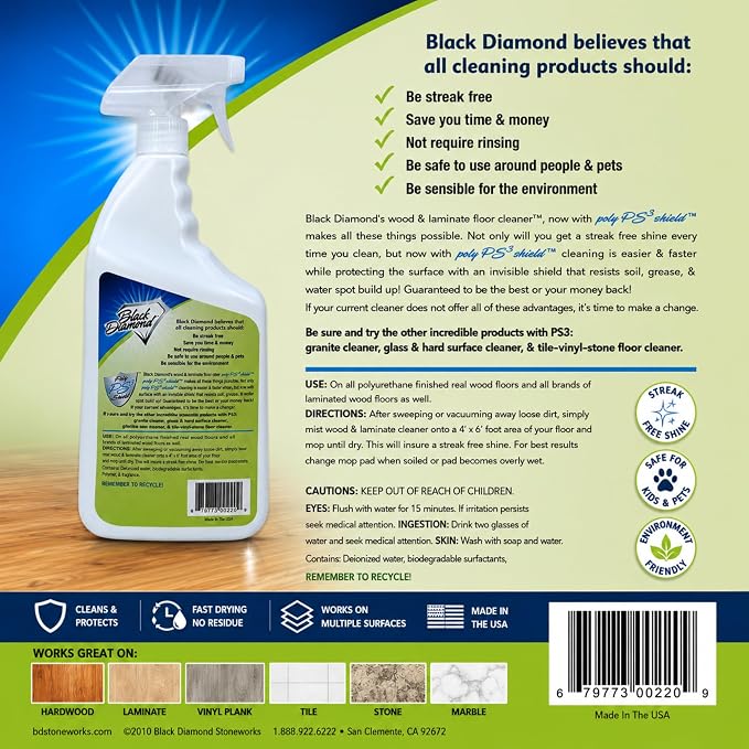 Black Diamond Stoneworks Wood & Laminate Floor Cleaner – No-Rinse Streak-Free Cleaner for Hardwood, Laminate, Engineered Wood & Luxury Vinyl Plank Floors (1 Quart)