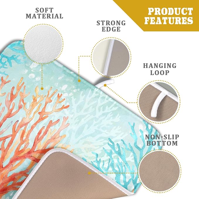 Giwawa Coastal Coral Dish Drying Mat Beach Ocean Drainer Rack Mat 16x18 Inch Microfiber Absorbent Reversible Dish Dry Pad for Kitchen Counter Sink