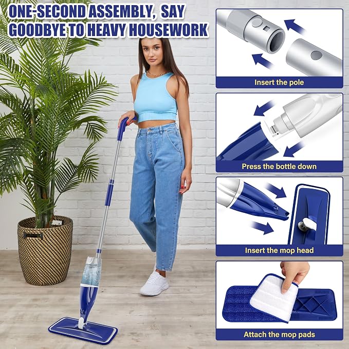 Microfiber Spray Mops for Floors Cleaning: Wet Dry Mop Hardwood Floor Mops | 3 Washable Reusable Pads for Swiffer Powermop, Flat Mop with Sprayer Microfiber Dust Mop, for Tile Wood Laminate Vinyl Marble