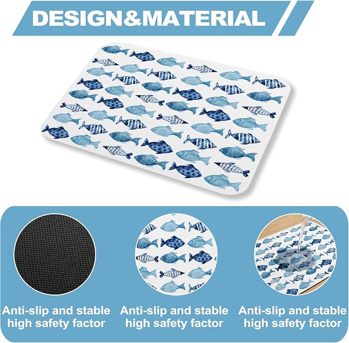 Blue Fish Dish Drying Mat for Kitchen Counter Sink, Summer Beach Absorbent Microfiber Drying Pad, Reversible Waterproof Countertop Mat for Kitchen Decor