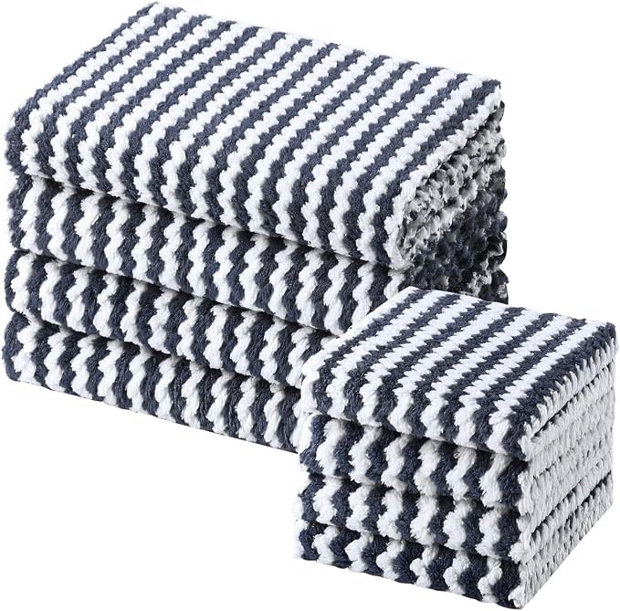 Homaxy 8 Pack Kitchen Towels and Dishcloths Set, 10 x 10 and 10 x 20 Inches, Ultra Soft and Absorbent Coral Velvet Dish Towels, no-lint Reusable Fast Drying Microfiber Cleaning Cloth, Dark Grey