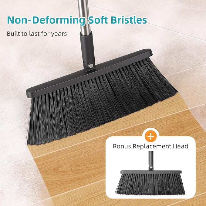 MOPALL Broom with Dustpan Combo Set 53" Long Handle, Includes 2 Broom Heads | Self-Cleaning Dustpan Teeth, 180° Swivel Brooms Head, Angled Bristle, Standing Dustpan for Sweeping Indoor Dog Cat Pets Hair