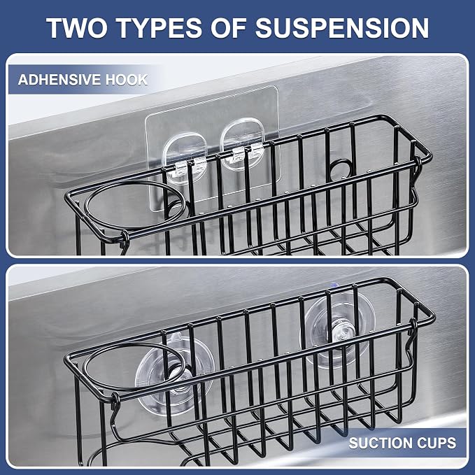 3-In-1 Sponge Holder for Kitchen Sink, 2 Type Suspension Options (Suction Cups & Adhesive Hook), Hanging Sink Caddy Organizer Rack - Sponge, Dish Cloth, Brush, Scrubber, 304 Stainless Steel - Black
