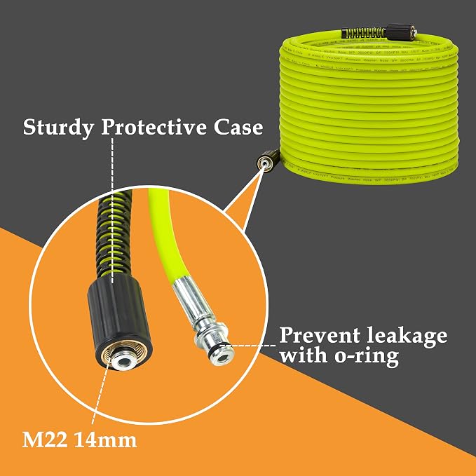 M MINGLE Pressure Washer Hose 50 FT x 1/4", M22 14mm Fittings, 3600 PSI | Replacement Power Wash Hose with 3/8" Quick Connect Kits, Kink Resistant, Ideal for Car, Driveway, Siding & Patio Cleaning