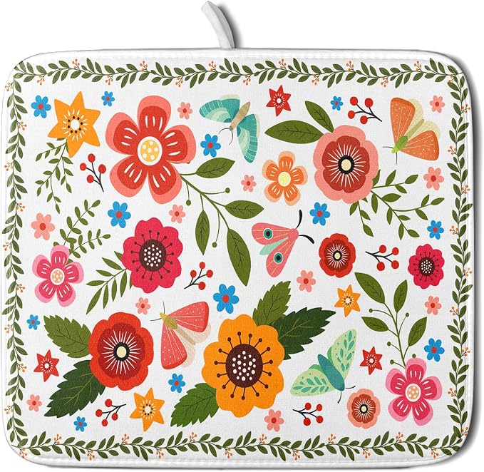 Colorful Boho Floral Dish Drying Mat 16x18 Inch Dishes Dry Pad Drainer Rack Mats Absorbent Hanging Loop Kitchen Counter Bar Accessories