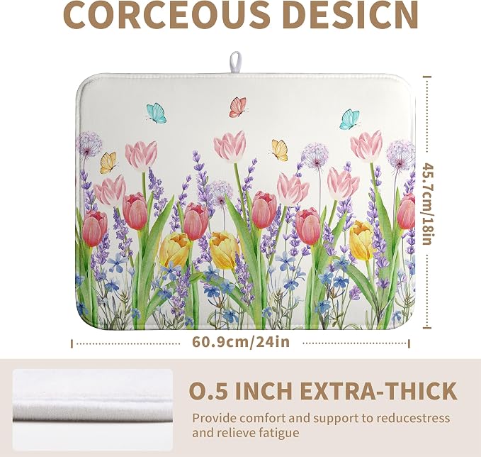 Spring Floral Dish Drying Mat for Kitchen Counter Tulip Lavender Flower Dishes Pad Absorbent Microfiber Dish Draining Mat Washable Dish Drainer Rack Mats Extra Large 18"x24"