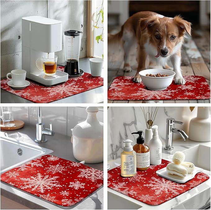 Christmas Dish Drying Mat for Kitchen Counter 16x18 Inch Red Snowflake Xmas Drying Pad Winter Holiday Dish Draining Mat Absorbent Microfiber Dish Drainer Rack Mat for Coffee Bar Kitchen