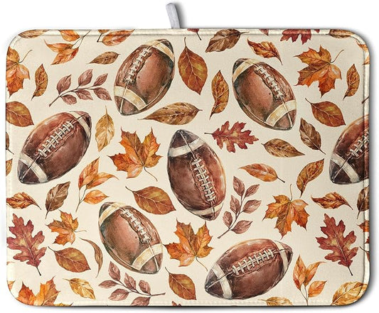 Burnt Orange Football Maple Leaves Fall Dish Drying Mat for Kitchen Counter Autumn Thanksgiving Dish Drying Pad Seasonal Harvest Holiday Absorbent Microfiber Dishes Drainer Mats 18x24 Inch