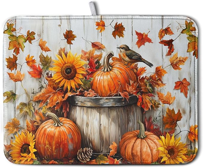 Fall Dish Drying Mat for Kitchen Counter Pumpkin Sunflower Maple Leaf Birds Drying Mats Autumn Thanksgiving Harvest Dish Drainer Mat Absorbent Microfiber Dishes Pad Large 18x24 Inch