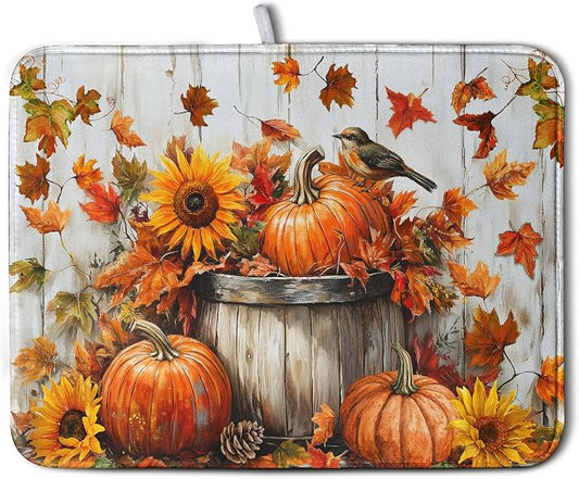 Fall Dish Drying Mat for Kitchen Counter Pumpkin Sunflower Maple Leaf Birds Drying Mats Autumn Thanksgiving Harvest Dish Drainer Mat Absorbent Microfiber Dishes Pad Large 18x24 Inch