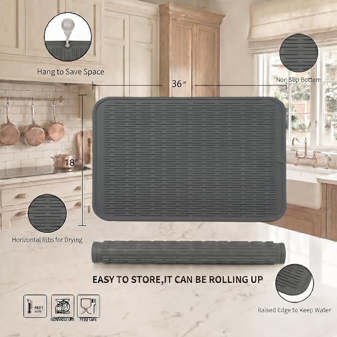 MicoYang Silicone Dish Drying Mat for Multiple Usage,Easy clean,Eco-friendly,Heat-resistant Silicone Mat for Kitchen Counter or Sink,Refrigerator or Drawer Liner Grey 5XL 36inches x 18inches