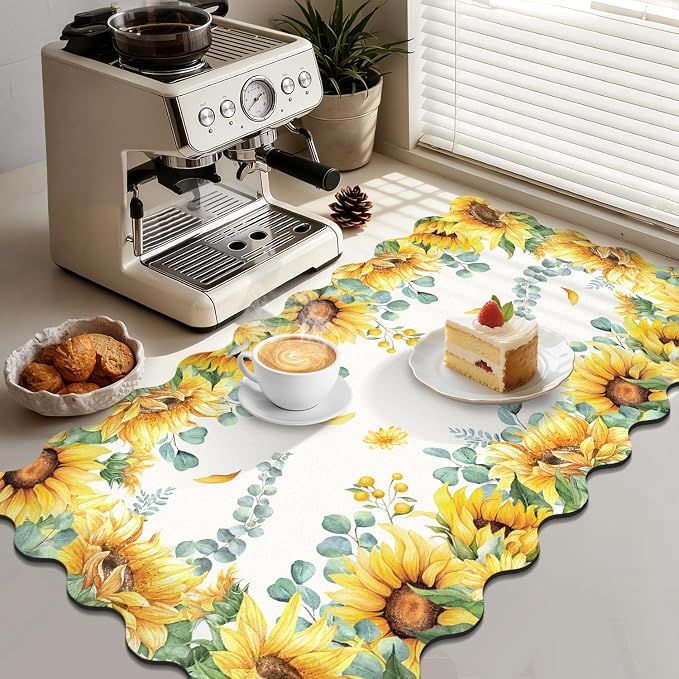 LOKHOM Scalloped Floral Dish Drying Mat, 17"x32" Super Absorbent Coffee Mat with Watercolor Yellow Sunflowers, Cuttable Hide Stain Non-slip Drying Mat for Kitchen Counter Coffee Maker Espresso Machine